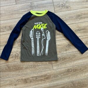 NWOT Lands End Boys Long Sleeve Guitar Print Shirt - Olive/Navy Size M 10-1